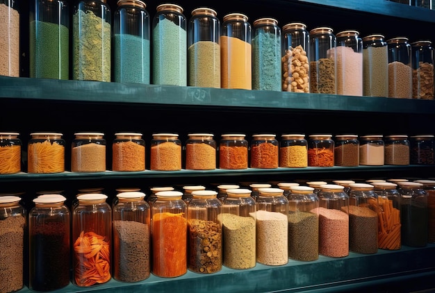 large containers of dried goods in the style of dark orange and light azure