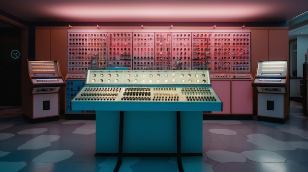 A large control room with a pink wall with a large number of buttons on it.