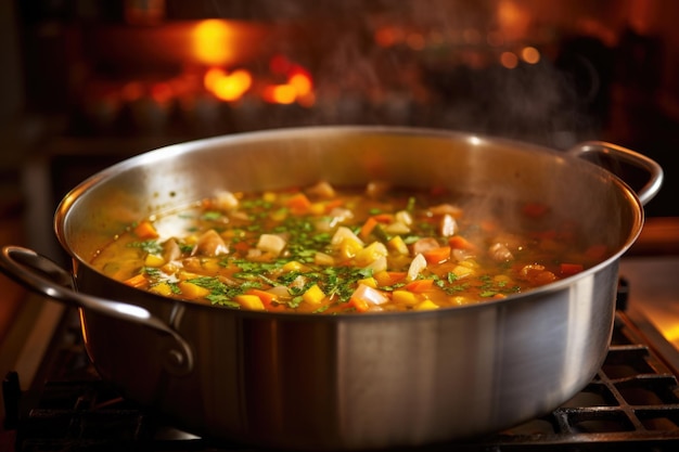 Large cooking pot filled with soup or stew