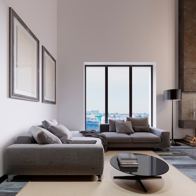 Большой угловой диван у окна гостиной выполнен в современном стиле, серая ткань, многофункциональный модульный диван с журнальным столиком и картинами на стене. 3d рендеринг