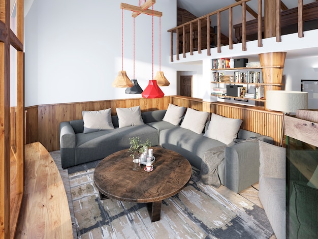 Большой угловой диван в гостиной в стиле элитный лофт с деревянными панелями на стенах