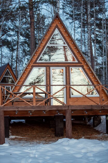 森の中の松や白樺に囲まれた他の住居を背景に、カメラの前で雪の中に立っている大きなカントリーハウス