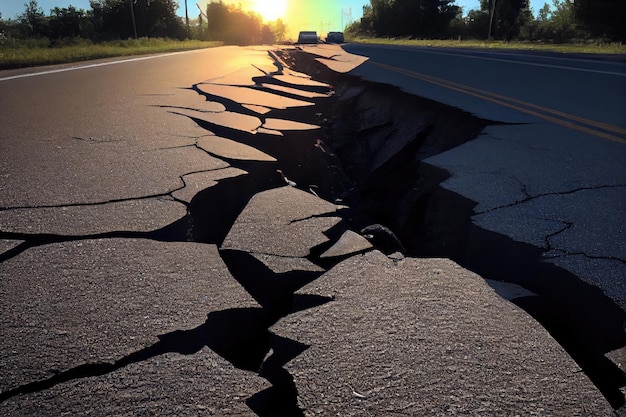 写真 地震の余波で道路表面に大きな亀裂が発生