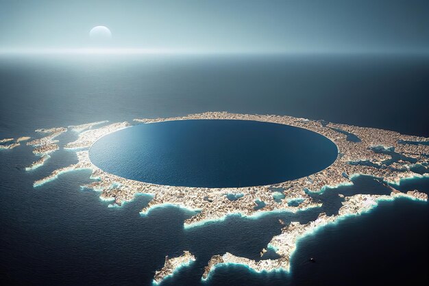 A large crater of a lake is surrounded by water and the sun is shining.