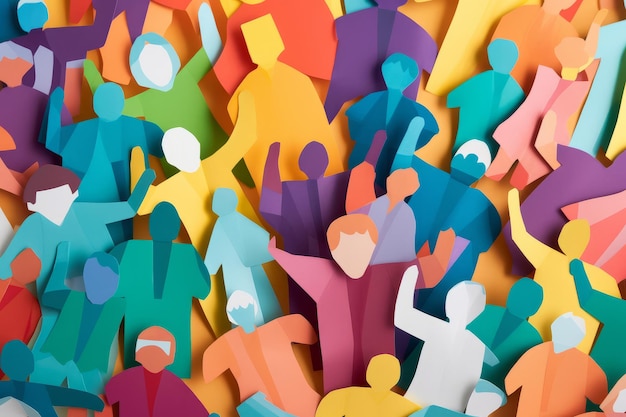 Large crowd of diverse people paper cut out style