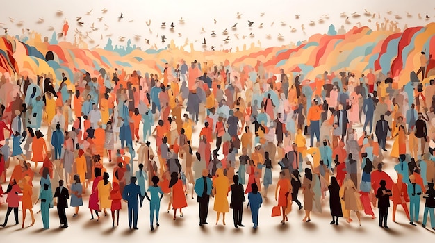 Large crowd of diverse people paper cut out style