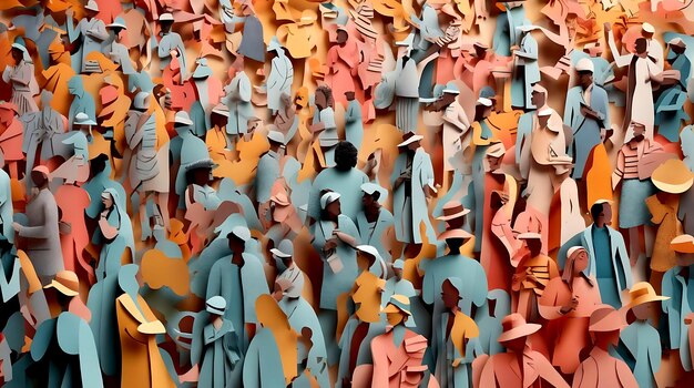 Large crowd of diverse people paper cut out style