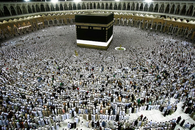 A large crowd gathers around the kaabah in mecca saudi