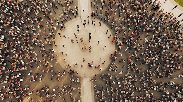 A large crowd of people are gathered in a circle with the word " on the bottom. "