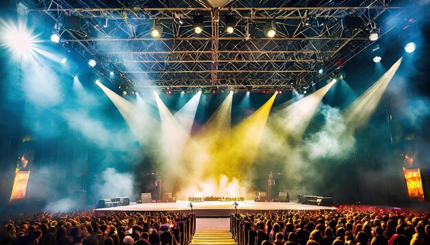 A large crowd of people are watching a concert with bright lights and smoke