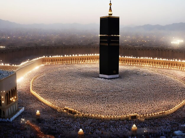 A large crowd of people around a Mosque