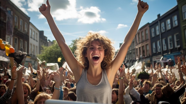 Foto una grande folla di persone celebra con gioia e felicità per le strade