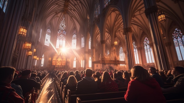 Photo a large crowd of people gather inside a cathedral with a large stained glass window
