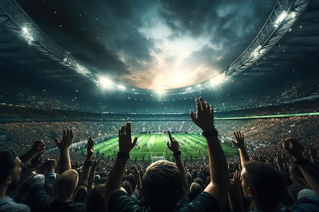 A large crowd of people at a soccer stadium Football game Many hands up