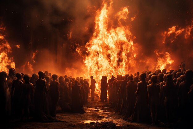 a large crowd of people standing in front of a fire