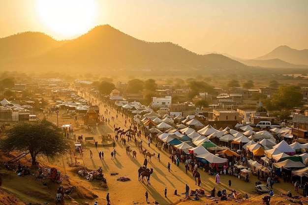 a large crowd of people walking around tents