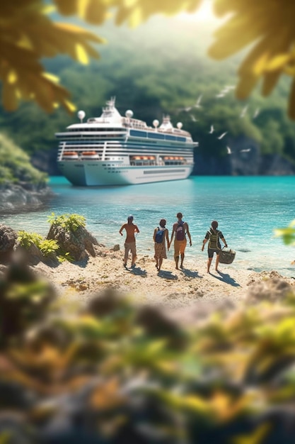 large cruise ship anchored in a island bay as passengers explore the island AI generated