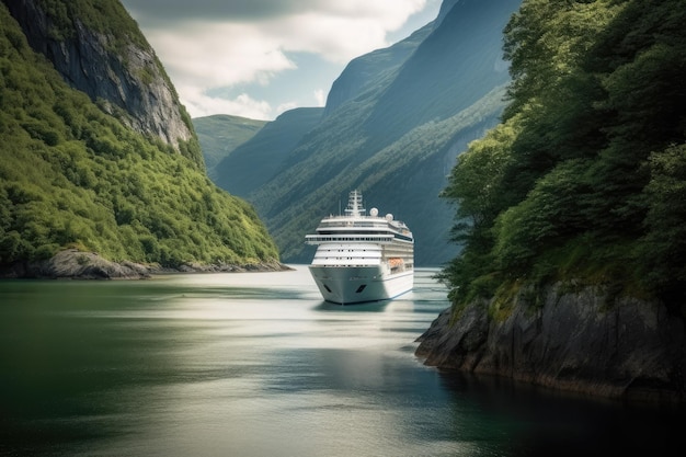 Large cruise ship in fjords Tourism vacation and summer traveling Generative AI