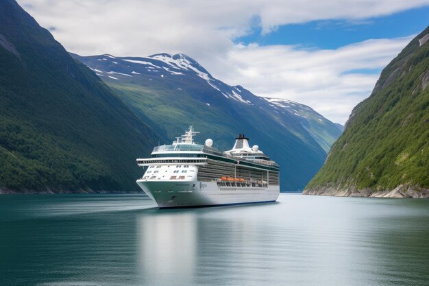 Photo large cruise ship in fjords tourism vacation and summer traveling generative ai