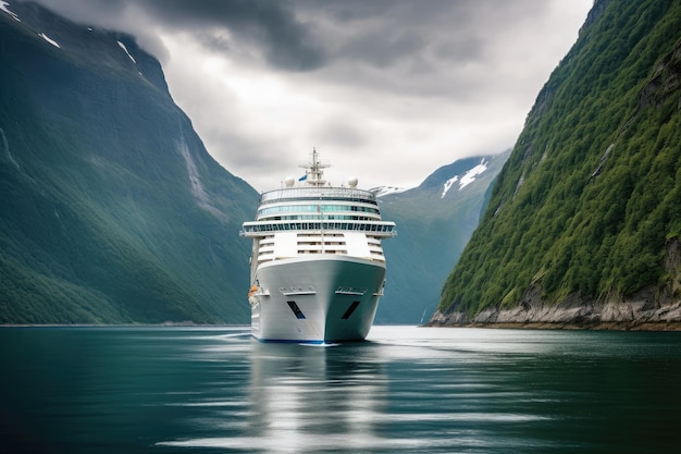 Фото Большой круизный лайнер во фьордах туризм отдых и летние путешествия генеративный ии