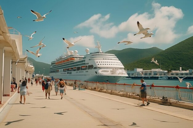 a large cruise ship is docked in front of a pier.