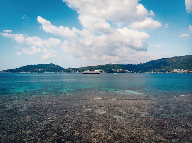 Large Cruise ship sailing across The Andaman sea - Aerial image. Beautiful  sea landscape