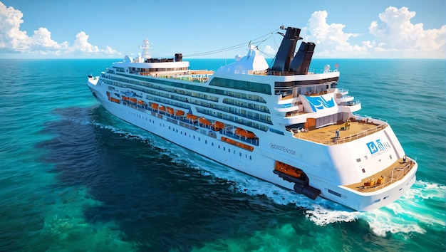 A large cruise ship sailing in a blue sea