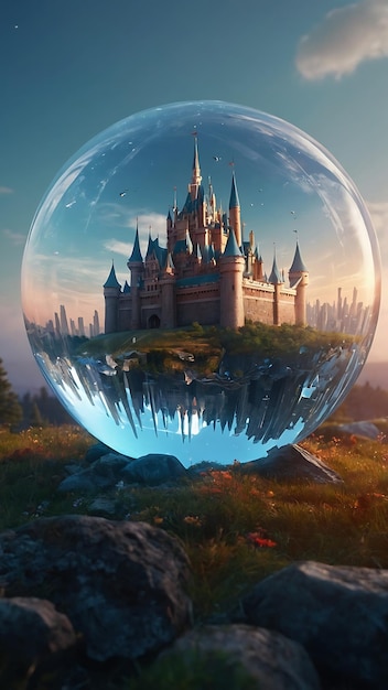 A large crystal ball with a castle inside of it floating in the air