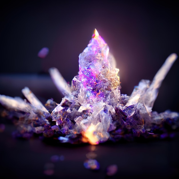 A large crystals are lit up in a dark room.