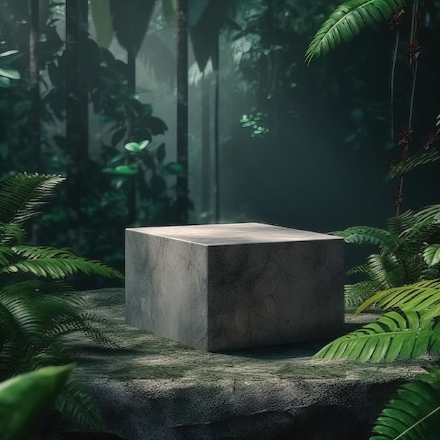 A large cube sits on a rock in the jungle.