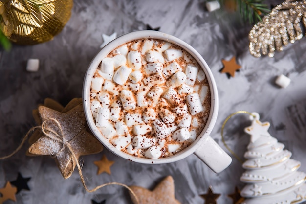A large cup of cocoa with marshmallow sprinkled with cocoa powder