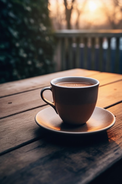 A large cup of coffee on a wooden staircase