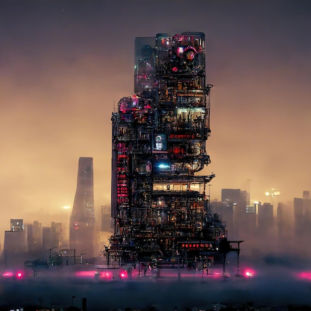 A large cyberpunk skyscraper glows at night in the city 3d illustration