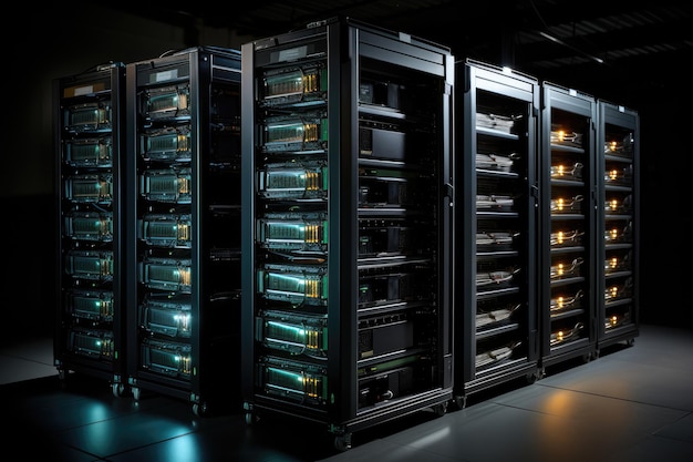 Фото Большая темная комната с неоновыми серверами