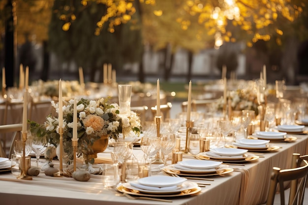 A large decorated table and chairs Wedding banquet