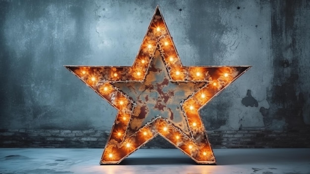 Large decorative retro star with lots of burning lights on grunge concrete background Generative ai