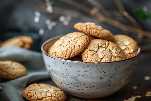 A large deep bowl with fresh oatmeal cookies on a rustic table