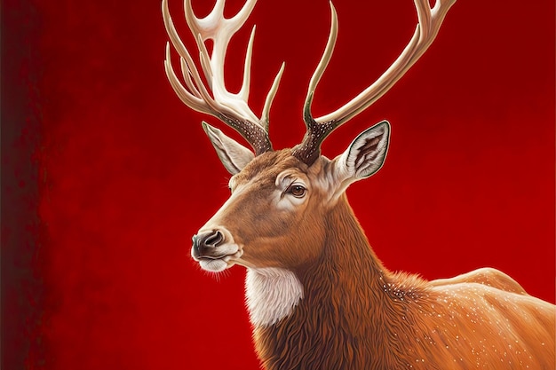 Large deer with snowshaded coat on red background generative ai