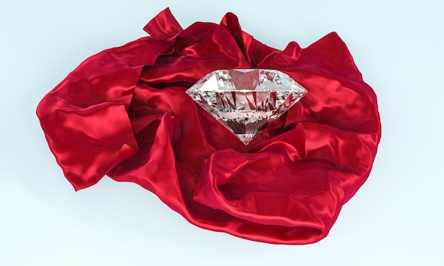 Large diamond on red silk cloth 3d render