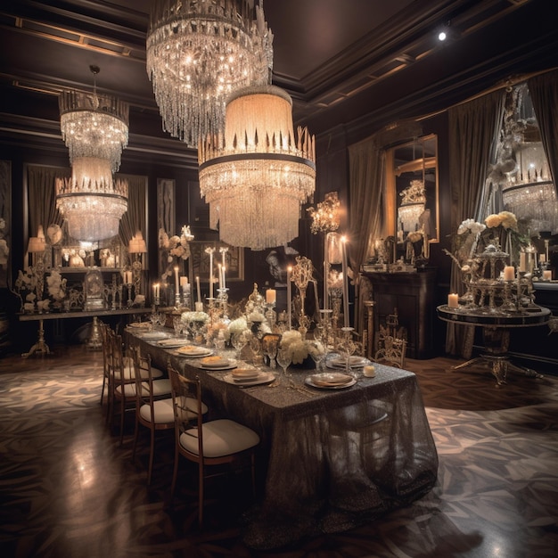 A large dining room with chandeliers hanging from the ceiling