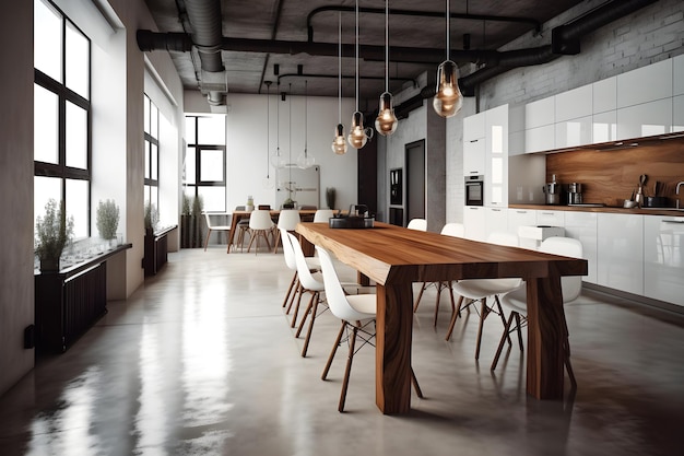 A large dining room with a large table and chairs and a large kitchen island.