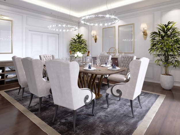 Large dining table for eight people in the dining room classic style, crystal chandeliers above the table. The design of the dining room. 3D rendering.