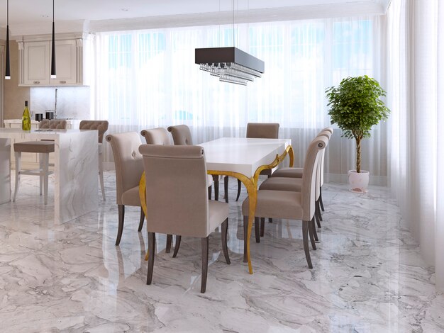 Large dining table for eight in the style of art Deco. White Desk with gold legs and a soft fabric chairs in beige. 3D render.