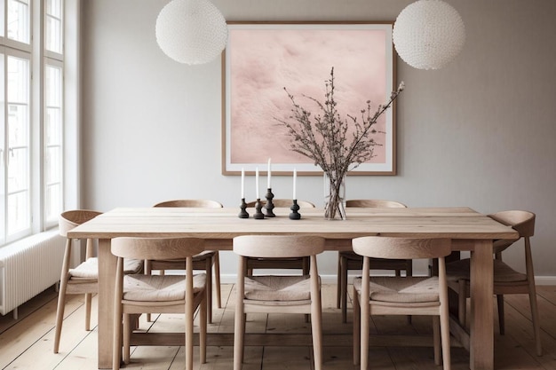 Photo a large dining table with a large painting on the wall above it