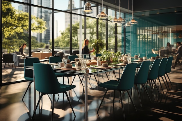 A large dining table with many chairs around it