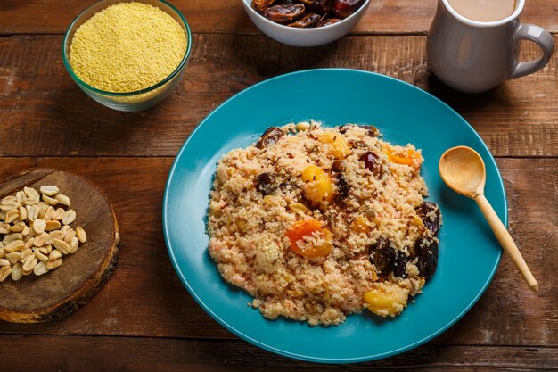 A large dish of couscous on a wooden table next to cereals in a bowl of nuts and a jug of fruit broth