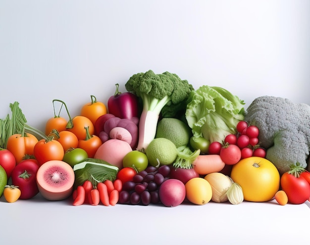 A large display of fruits and vegetables including broccoli, broccoli, broccoli, and other fruits.