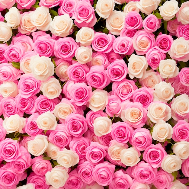 A large display of pink and white roses