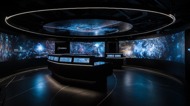 A large display of the space center with a large screen that says'space center'on it