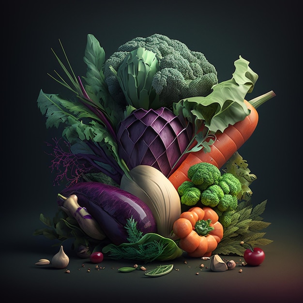 A large display of vegetables with a purple background.